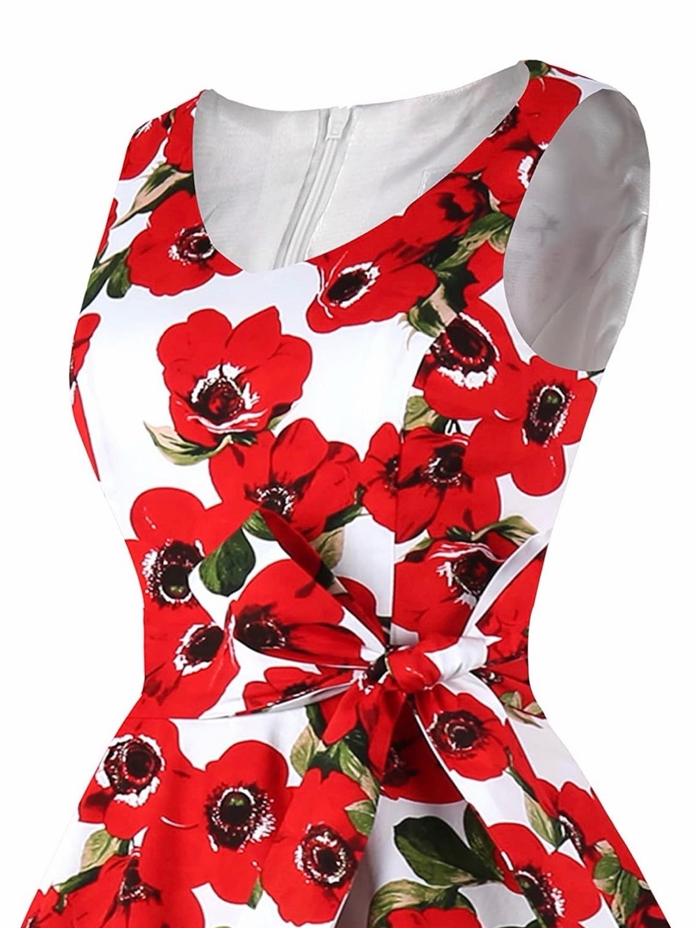 50s Style Red Floral Midi Dress with Pockets - Picture 3 of 5